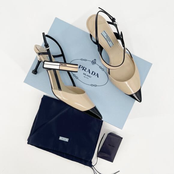 Prada Beige Black Leather Slingback Pointed Toe Mary Jane Cap Toe Heels IT 37 - Picture 2 of 15